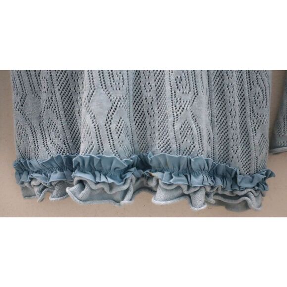 Anthropologie Guinevere Women's Sz M Blue Pointelle Ruffled Curly Top Cardigan - Picture 6 of 12